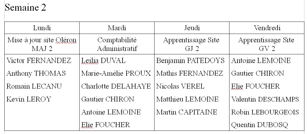 planning semaine 2
